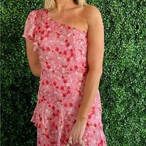 Astr One-Shoulder Red Floral Dress Balletcore boho chic dress